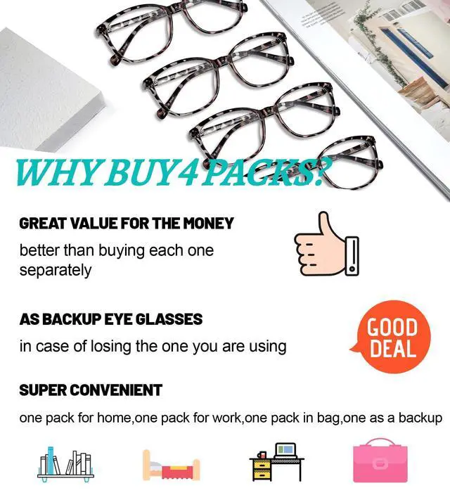 Alt view image 5 of 5 - WEMOOTANTS 4 Packs Large Blue Light Blocking 4.0 Reading Glasses for Women Grey Tortoise Readers 4.00 for Gaming Computer Phone 1.0 1.25 1.5 1.75 2.0 2.25 2.5 2.75 3.0 3.5 4.00