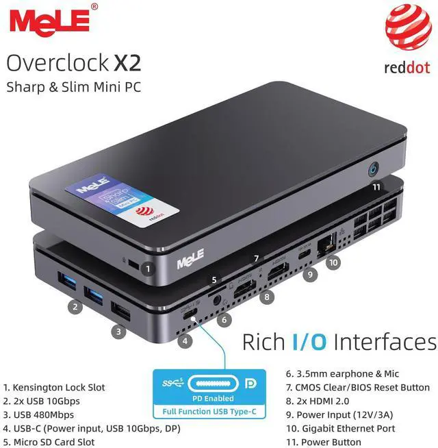 Alt view image 2 of 5 - MeLE Reddot Winner Slim Mini PC Overclock4C N150(up to 3.6GHz) 16GB RAM, 512GB Storage, Mini Desktop Computer, Triple Screen Display, Full Function USB-C on Office Education