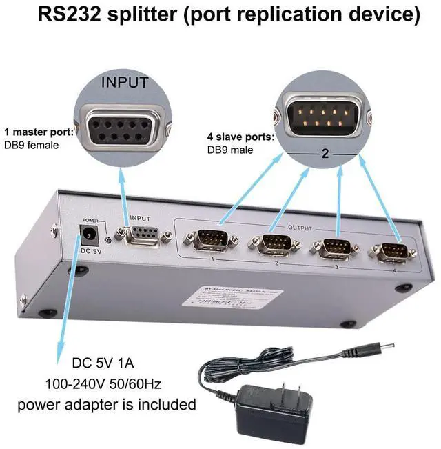 Alt view image 4 of 5 - RS232 Splitter, DTECH 4 Port Serial Expansion Box 1x4 COM Port Expander with Power Adapter for Sharing PCs and Capture Data