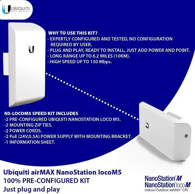 Alt view image 3 of 5 - Wireless Bridge LOCOM5 Pre-Configured Bundle of 2, Point to Point Wi-Fi Bridge Outdoor, Plug and Play 150+ Mbps, 5 GHz, 15+ km Link Range (2 Pack)