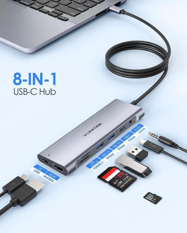 Alt view image 2 of 5 - LENTION 3.3FT Long Cable USB C Hub with 4K HDMI, 2 USB 3.0, Card Reader, Aux, Type C Data/Charging Compatible 2024-2016 MacBook Pro, Mac Air/Surface, More, Stable Driver Adapter (CB-C37, Space Gray)