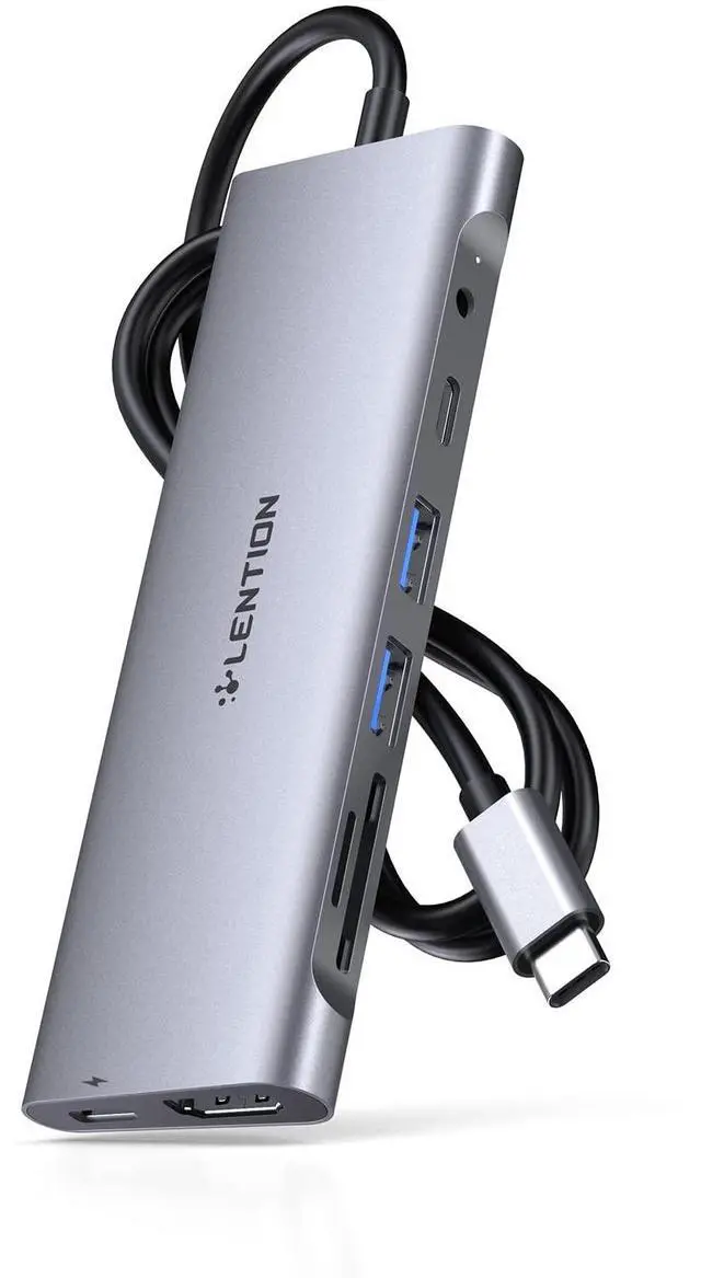 Main image of LENTION 3.3FT Long Cable USB C Hub with 4K HDMI, 2 USB 3.0, Card Reader, Aux, Type C Data/Charging Compatible 2024-2016 MacBook Pro, Mac Air/Surface, More, Stable Driver Adapter (CB-C37, Space Gray)