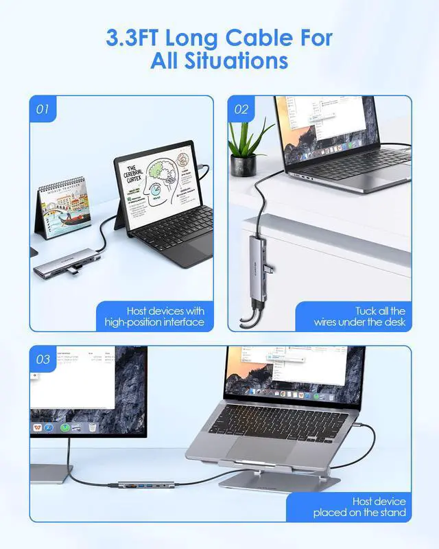 Alt view image 5 of 5 - LENTION 3.3FT Long Cable USB C Hub with 4K HDMI, 2 USB 3.0, Card Reader, Aux, Type C Data/Charging Compatible 2024-2016 MacBook Pro, Mac Air/Surface, More, Stable Driver Adapter (CB-C37, Space Gray)