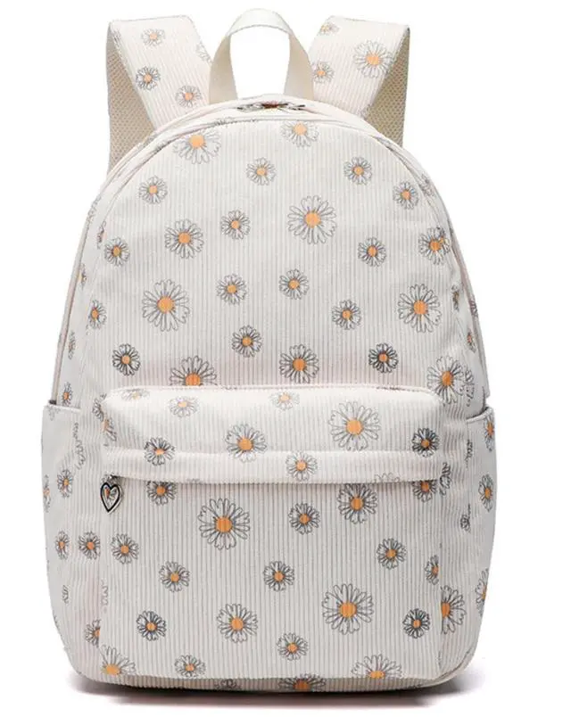 Main image of MININAI Kawaii Corduroy Backpack for Women Cute Floral Print Aesthetic Travel Book Bag Coquette Preppy College Laptop Daypack (Yellow Daisy)