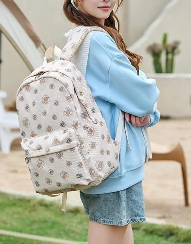 Alt view image 4 of 5 - MININAI Kawaii Corduroy Backpack for Women Cute Floral Print Aesthetic Travel Book Bag Coquette Preppy College Laptop Daypack (Yellow Daisy)