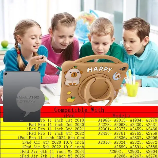 Alt view image 4 of 5 - 3D Cute Press Capybara Case for iPad Pro 11 inch/Air 6th/7th 11 inch 2024/2025 M2/M3/4th/5th 10.9 inch,Kawaii Cartoon Character Soft Silicone Rotating Stand Case with Lanyard for Kids Girls Women