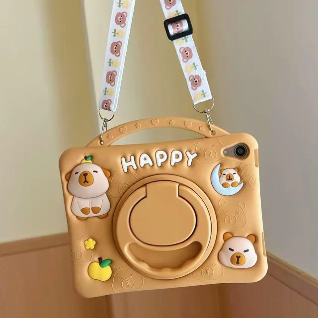 Alt view image 5 of 5 - 3D Cute Press Capybara Case for iPad Pro 11 inch/Air 6th/7th 11 inch 2024/2025 M2/M3/4th/5th 10.9 inch,Kawaii Cartoon Character Soft Silicone Rotating Stand Case with Lanyard for Kids Girls Women