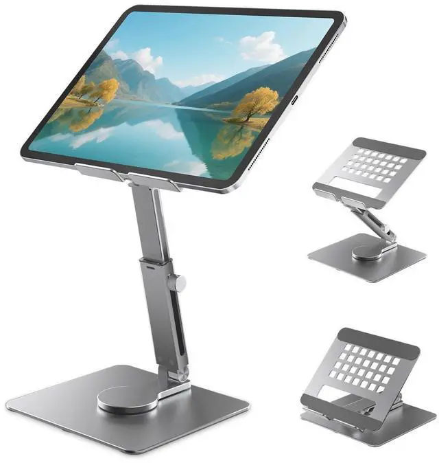 Main image of iPad Stand, Height Adjustable with 360 Rotating Base ipad Stand Holder for Desk,Tablet Stand Aluminum Alloy Compatible with i Pad Pro 12.9 11 Air Mini 4 5, 4.7-14'' iPhone, iPad, Tablet and More