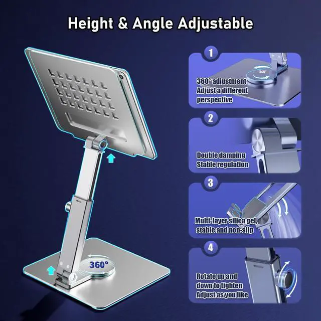 Alt view image 2 of 5 - iPad Stand, Height Adjustable with 360 Rotating Base ipad Stand Holder for Desk,Tablet Stand Aluminum Alloy Compatible with i Pad Pro 12.9 11 Air Mini 4 5, 4.7-14'' iPhone, iPad, Tablet and More