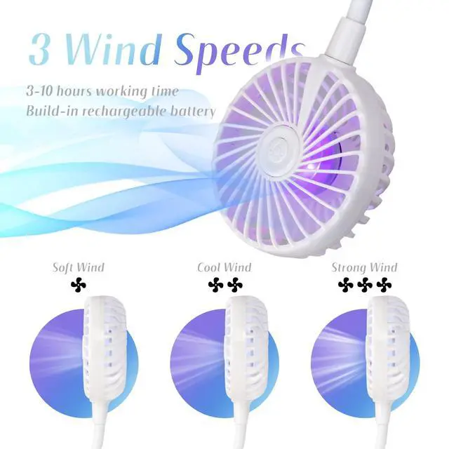 Alt view image 5 of 5 - VAGAU Portable Cooling Neck Fan, Rechargeable USB Personal Neck Fan with Colorful LED lights, 360° Rotation for Office Travel Sport, 3 Adjustable Speeds