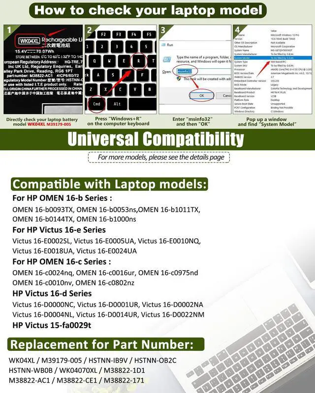 Alt view image 3 of 4 - 70.07Wh WK04XL M39179-005 Laptop Battery Replacement for HP Victus 16-b/16-c/16-d/16-e Series Victus 16-D0013DX/16-D0001UR/16-D1113TX/16-E0005UA/16-E0029UR/HSTNN-OB2C M38822-AC1 - 15.4V 4-Cell