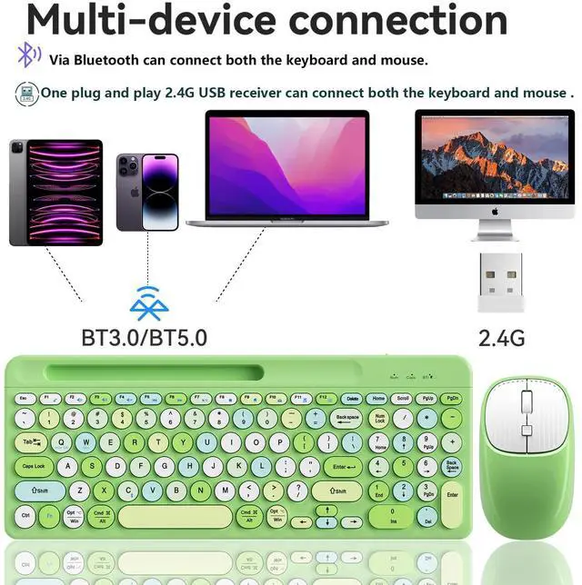 Alt view image 2 of 5 - Bluetooth Keyboard and Mouse Wireless, Multi-Device Rechargeable Keyboard and Mouse Combo with Phone Holder (Bluetooth 5.0+3.0+2.4GHz) Quiet Ergonomic Compatible with Mac/Windows/iOS/Android (Green)