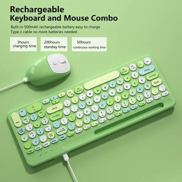 Alt view image 4 of 5 - Bluetooth Keyboard and Mouse Wireless, Multi-Device Rechargeable Keyboard and Mouse Combo with Phone Holder (Bluetooth 5.0+3.0+2.4GHz) Quiet Ergonomic Compatible with Mac/Windows/iOS/Android (Green)