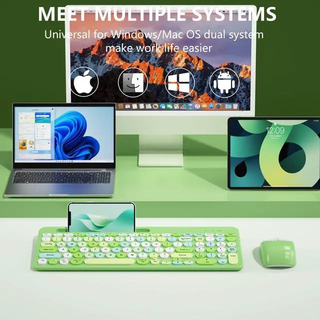 Alt view image 3 of 5 - Bluetooth Keyboard and Mouse Wireless, Multi-Device Rechargeable Keyboard and Mouse Combo with Phone Holder (Bluetooth 5.0+3.0+2.4GHz) Quiet Ergonomic Compatible with Mac/Windows/iOS/Android (Green)