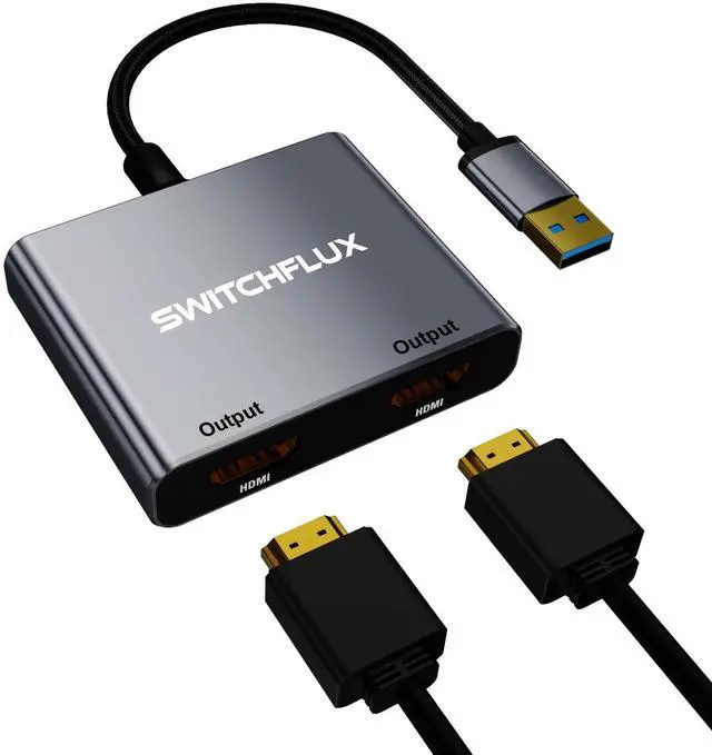 Main image of SWITCHFLUX USB to HDMI Adapter,[Gold-Plated & Aluminum Shell] USB 3.0 to Dual HDMI for Dual Monitors,USB A to HDMI Splitter Support Windows,macOS - Driver Installation Required
