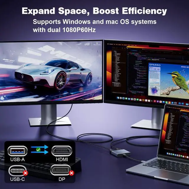 Alt view image 4 of 5 - SWITCHFLUX USB to HDMI Adapter,[Gold-Plated & Aluminum Shell] USB 3.0 to Dual HDMI for Dual Monitors,USB A to HDMI Splitter Support Windows,macOS - Driver Installation Required