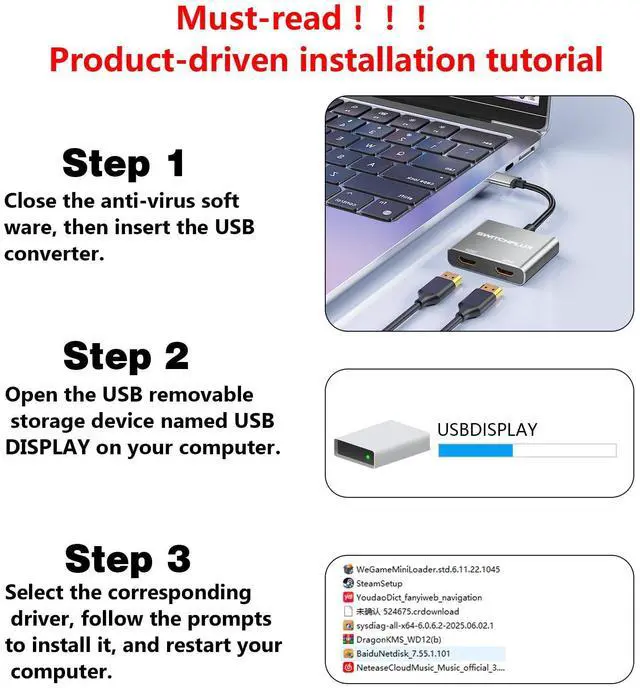 Alt view image 3 of 5 - SWITCHFLUX USB to HDMI Adapter,[Gold-Plated & Aluminum Shell] USB 3.0 to Dual HDMI for Dual Monitors,USB A to HDMI Splitter Support Windows,macOS - Driver Installation Required