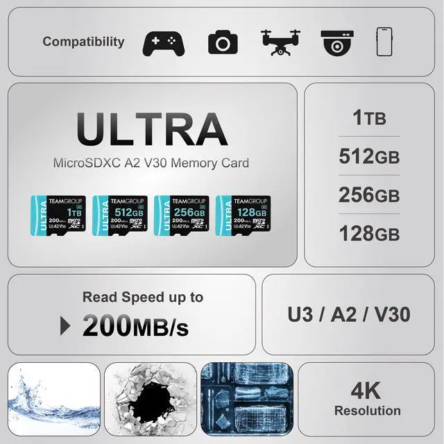 Alt view image 5 of 5 - TEAMGROUP A2 Ultra Card 1TB Micro SDXC UHS-I U3 A2 V30, R/W up to 200/170 MB/s with Adapter TULMSDX1TIA2V3022503