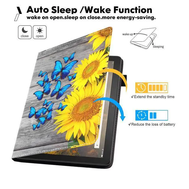 Alt view image 3 of 5 - TBXOSTN Case for Amazon Kindle Fire 7 Tablet (7" Display, 9th/7th Generation, 2019/2017 Release), Premium PU Leather Stand Cover with Smart Auto Wake, Sunflower and Blue Butterfly