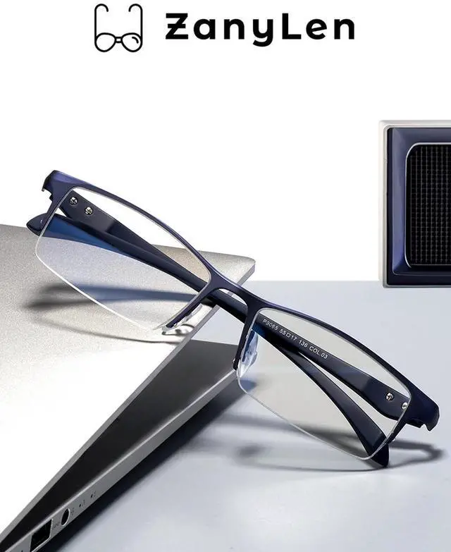 Alt view image 2 of 5 - ZanyLen Blue Light Blocking Glasses for Men Semi Rimless Rectangular Computer Glasses Anti Glare UV Gaming Eyeglasses(Trendy Blue Metal Eyeglasses)