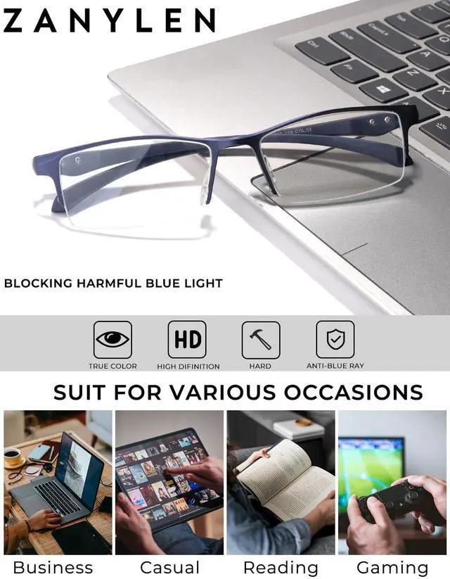 Alt view image 4 of 5 - ZanyLen Blue Light Blocking Glasses for Men Semi Rimless Rectangular Computer Glasses Anti Glare UV Gaming Eyeglasses(Trendy Blue Metal Eyeglasses)
