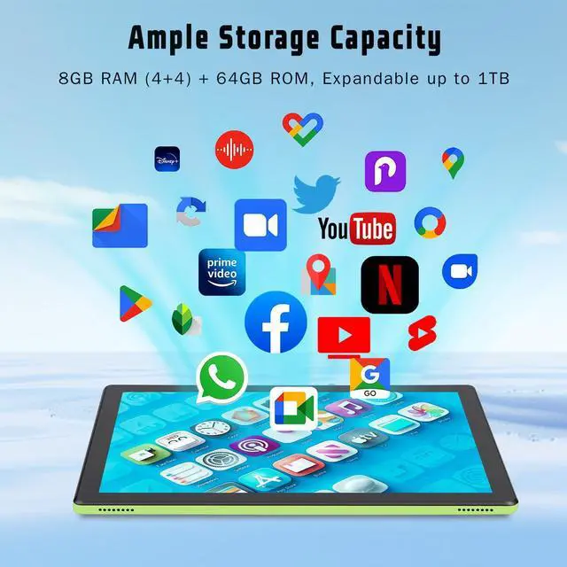 Alt view image 4 of 5 - Android 15 Tablet for Adults, 10 inch Tablet - GMS Certified Google Tablet Computer with Octa-Core Processor, 8GB RAM 64GB ROM, 1TB Expand, Wi-Fi 6 (2.4G&5G), Dual Camera, 5000mAh Battery - Green
