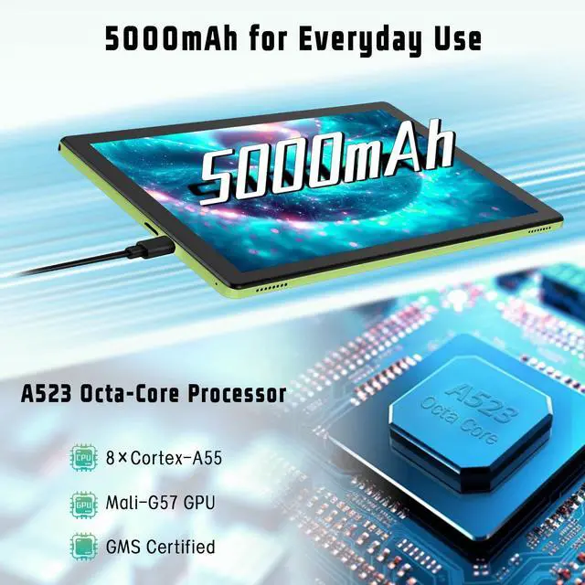 Alt view image 5 of 5 - Android 15 Tablet for Adults, 10 inch Tablet - GMS Certified Google Tablet Computer with Octa-Core Processor, 8GB RAM 64GB ROM, 1TB Expand, Wi-Fi 6 (2.4G&5G), Dual Camera, 5000mAh Battery - Green