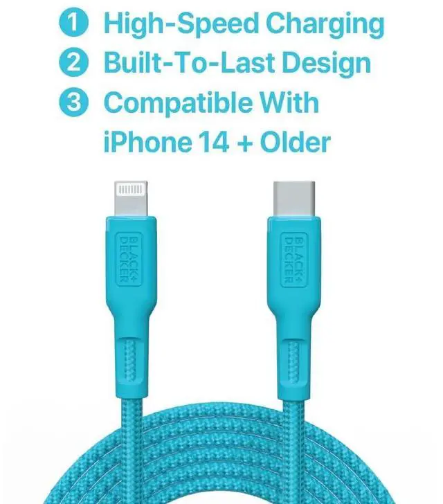 Alt view image 5 of 5 - BLACK+DECKER USB C to Lightning Cable - Fast Compatible iPhone Lightning Cable - Durable Braided Type C iPhone Charger Cord - for Travel and Daily Use - Multiple Colors and Lengths - 9ft