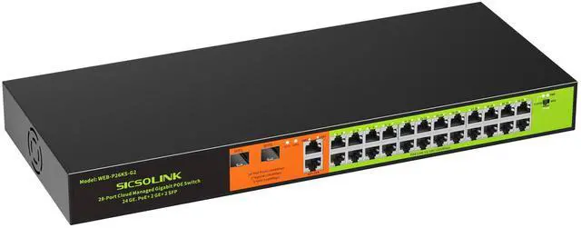 Main image of SICSOLINK 24 Port Gigabit POE+ Switch, Easy Smart Cloud Managed Swtich, 24*POE+ RJ45 Ports@ 360W with 2 UPLINK and 2*1G SFP, Rackmount, Port Mirroring for Small Bessiness, Metal Case, Vlan.
