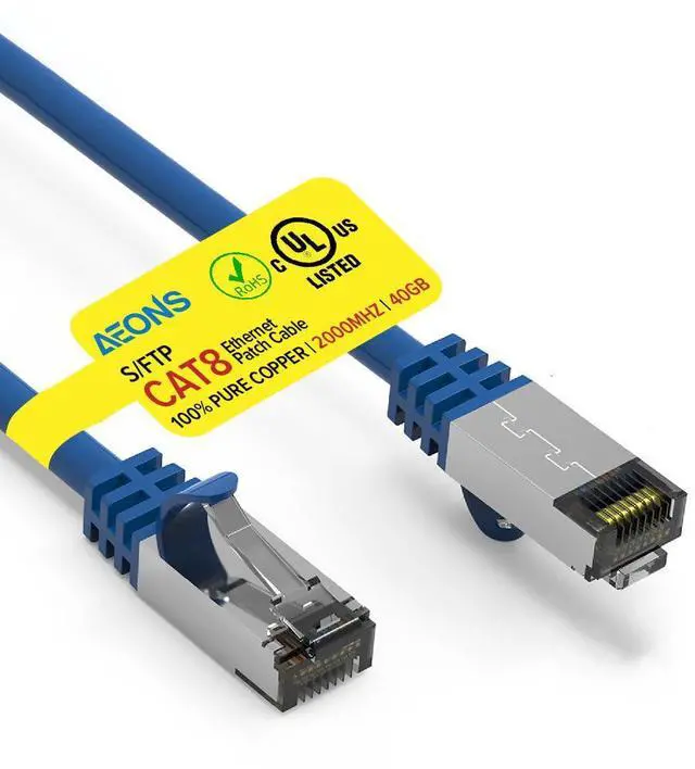 Main image of AEONS Cat 8 Shielded Ethernet Cable 10 ft High Speed 40Gbps Cat8 LAN Network 2000Mhz Gold Plated RJ45 Patch Cords, Heavy Duty Weatherproof S/FTP UV Resistant Computer Wire, UL Listed, Blue