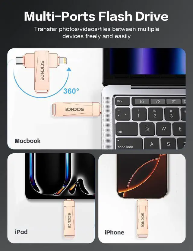 Alt view image 2 of 5 - SCICNCE 512GB Flash Drive Intended for iPhone, USB Memory Stick Storage Backup for Photos Videos, Plug and Play No APP Required, Compatible with iPhone iPad Android and Computers (Rose Gold)