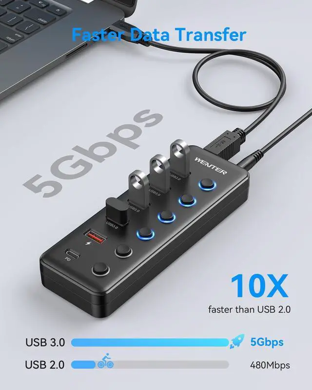 Alt view image 4 of 5 - Powered USB 3.0 Hub, Wenter 6-Port USB Hub Splitter (4 Faster Data Transfer Ports+ 2Pcs 36W QC Charging Ports) with Individual LED On/Off Switches, USB Hub 3.0 Powered with Power Adapter