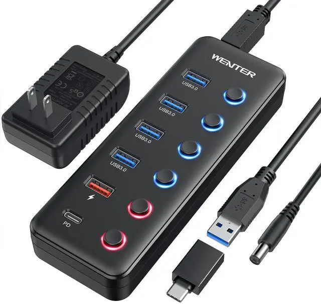 Main image of Powered USB 3.0 Hub, Wenter 6-Port USB Hub Splitter (4 Faster Data Transfer Ports+ 2Pcs 36W QC Charging Ports) with Individual LED On/Off Switches, USB Hub 3.0 Powered with Power Adapter