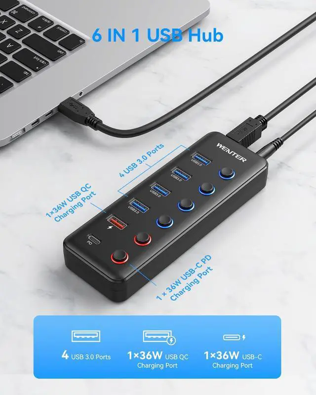 Alt view image 2 of 5 - Powered USB 3.0 Hub, Wenter 6-Port USB Hub Splitter (4 Faster Data Transfer Ports+ 2Pcs 36W QC Charging Ports) with Individual LED On/Off Switches, USB Hub 3.0 Powered with Power Adapter