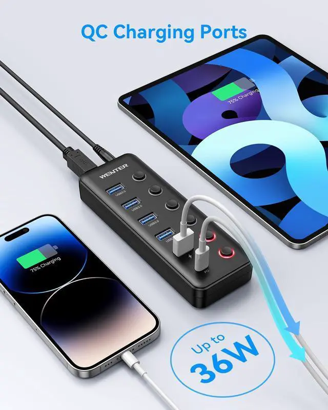 Alt view image 3 of 5 - Powered USB 3.0 Hub, Wenter 6-Port USB Hub Splitter (4 Faster Data Transfer Ports+ 2Pcs 36W QC Charging Ports) with Individual LED On/Off Switches, USB Hub 3.0 Powered with Power Adapter