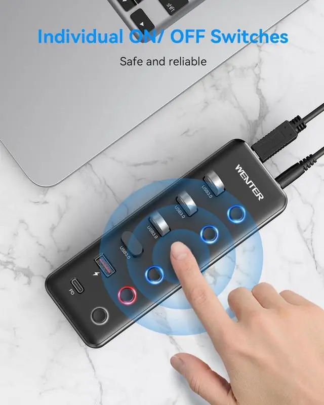 Alt view image 5 of 5 - Powered USB 3.0 Hub, Wenter 6-Port USB Hub Splitter (4 Faster Data Transfer Ports+ 2Pcs 36W QC Charging Ports) with Individual LED On/Off Switches, USB Hub 3.0 Powered with Power Adapter