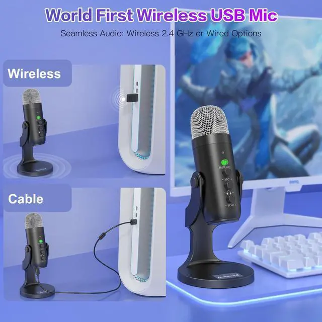 Alt view image 3 of 5 - ZealSound Wireless Microphone,USB Mic for iPhone PC iPad Android Phone-Cordless Microphones with Mute Echo Monitor Volume Gain & Bluetooth BGM,2.4GHz for Podcast,ASMR,Gaming,YouTube Video/K66 Black