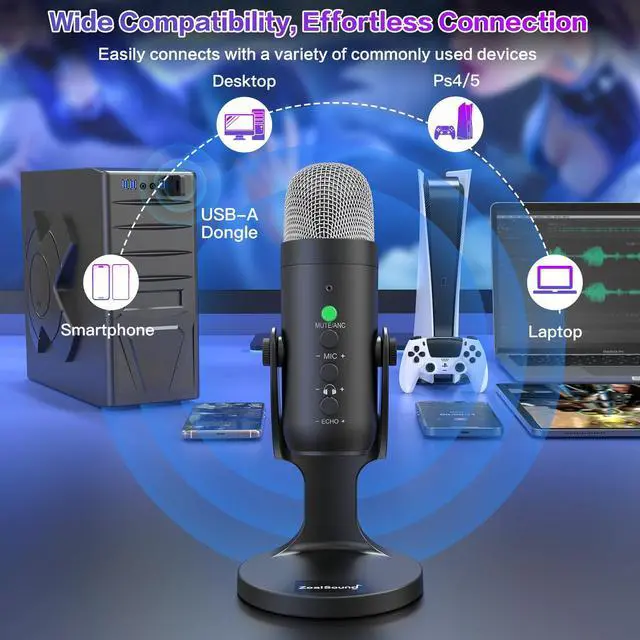 Alt view image 2 of 5 - ZealSound Wireless Microphone,USB Mic for iPhone PC iPad Android Phone-Cordless Microphones with Mute Echo Monitor Volume Gain & Bluetooth BGM,2.4GHz for Podcast,ASMR,Gaming,YouTube Video/K66 Black