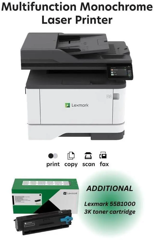 Alt view image 2 of 5 - Lexmark MX331adn Black and White Laser All-in-One Printer with Touchscreen, Duplex Printing and Analogue Fax (3-Series)(29S0150) Bundle with 55B1000 Black 3K Yield Toner Cartridge