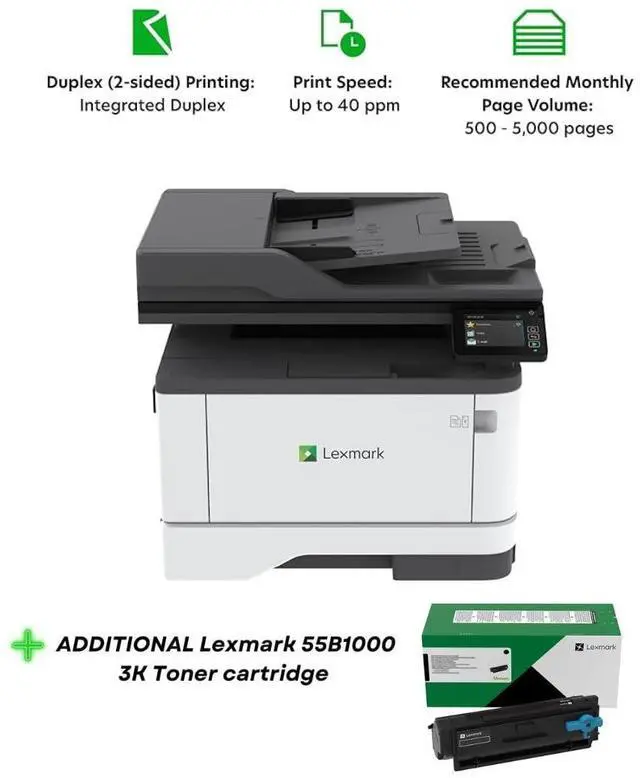 Alt view image 4 of 5 - Lexmark MX331adn Black and White Laser All-in-One Printer with Touchscreen, Duplex Printing and Analogue Fax (3-Series)(29S0150) Bundle with 55B1000 Black 3K Yield Toner Cartridge