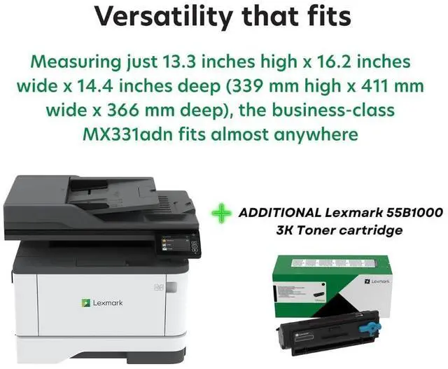 Alt view image 5 of 5 - Lexmark MX331adn Black and White Laser All-in-One Printer with Touchscreen, Duplex Printing and Analogue Fax (3-Series)(29S0150) Bundle with 55B1000 Black 3K Yield Toner Cartridge