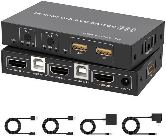 Main image of 4K HDMI KVM Switch 1 Monitor 2 Computers 4K@60Hz, USB KVM Switches for 2 Computer Share Monitor 2 USB Ports for Keyboard Mouse, Support Extended/Mirror Mode with Desktop Controller 2 Wires Included