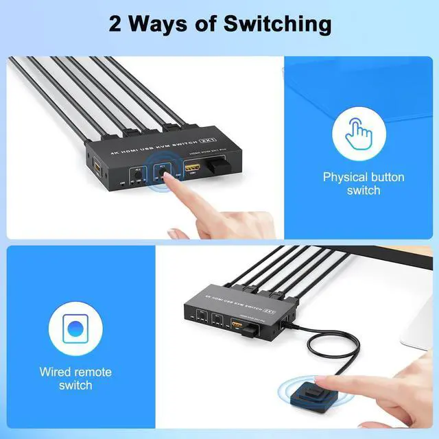 Alt view image 5 of 5 - 4K HDMI KVM Switch 1 Monitor 2 Computers 4K@60Hz, USB KVM Switches for 2 Computer Share Monitor 2 USB Ports for Keyboard Mouse, Support Extended/Mirror Mode with Desktop Controller 2 Wires Included