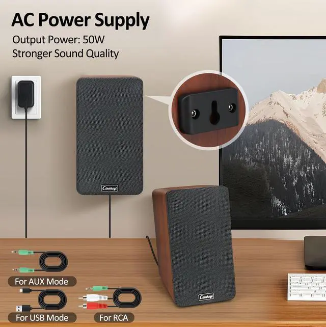 Alt view image 3 of 5 - cinnkeyi 50W Wooden Bookshelf Speakers, Passive 2.0 Computer Speakers,PC Speaker Bluetooth/RCA/AUX3.5mm/USB Inputs TV Speakers for TV/PC/Laptop/Turntable, Strong Bass TV/Turntable Speaker