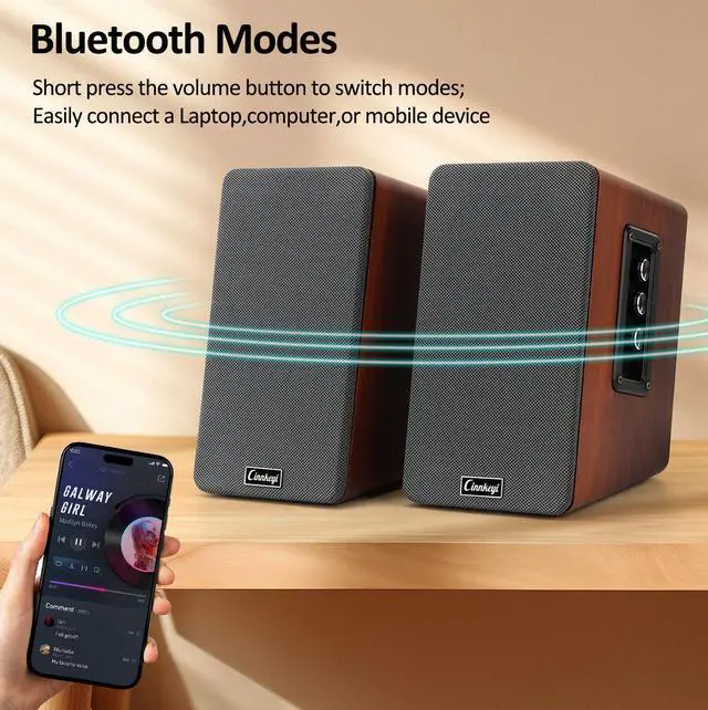 Alt view image 4 of 5 - cinnkeyi 50W Wooden Bookshelf Speakers, Passive 2.0 Computer Speakers,PC Speaker Bluetooth/RCA/AUX3.5mm/USB Inputs TV Speakers for TV/PC/Laptop/Turntable, Strong Bass TV/Turntable Speaker