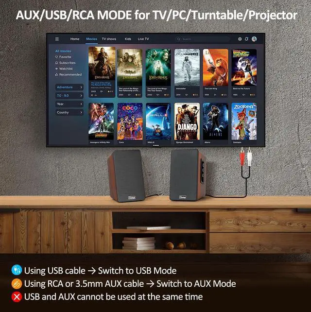 Alt view image 5 of 5 - cinnkeyi 50W Wooden Bookshelf Speakers, Passive 2.0 Computer Speakers,PC Speaker Bluetooth/RCA/AUX3.5mm/USB Inputs TV Speakers for TV/PC/Laptop/Turntable, Strong Bass TV/Turntable Speaker