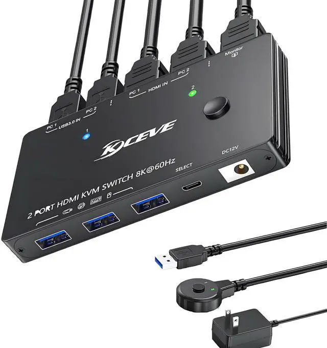 Main image of 8K@60Hz HDMI KVM Switch 1 Monitors 2 Computers USB 3.0 KVM Switches HDMI Port for Two Computers Share Single Screen and 3 USB 3.0 Port, Plug and Play, Includes 2 USB Cables and Controller