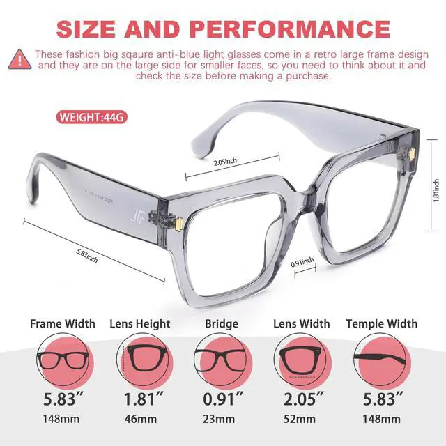 Alt view image 4 of 5 - JFXQDR Oversized Blue Light Blocking Glasses for Women Men, XL Square Thick Frame Eyeglasses Anti Eyestrain & UV Glare RF6211 (Smoke Grey)