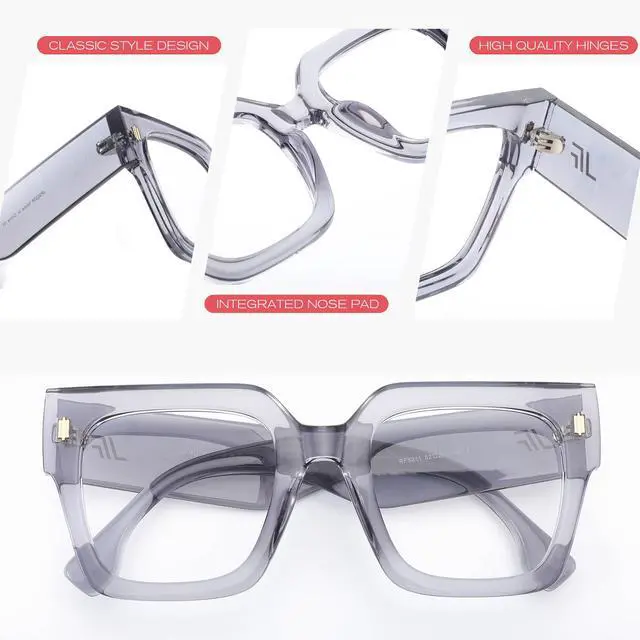 Alt view image 5 of 5 - JFXQDR Oversized Blue Light Blocking Glasses for Women Men, XL Square Thick Frame Eyeglasses Anti Eyestrain & UV Glare RF6211 (Smoke Grey)
