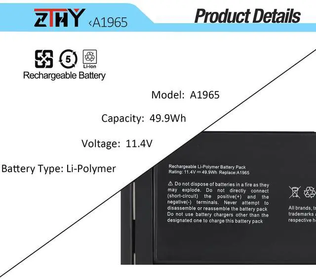Alt view image 3 of 5 - A1965 A1932 A2179 Battery Compatible with MacBook Air 13" A1932(Late 2018 2019) A2179 (Early 2020) EMC 3184 3302 MacBookAir8,1 8,2 9,1 MRE82LL/A MRE92LL/A MVFH2LL/A MVFM2LL/A MRE82B/A 11.4V 49.9Wh